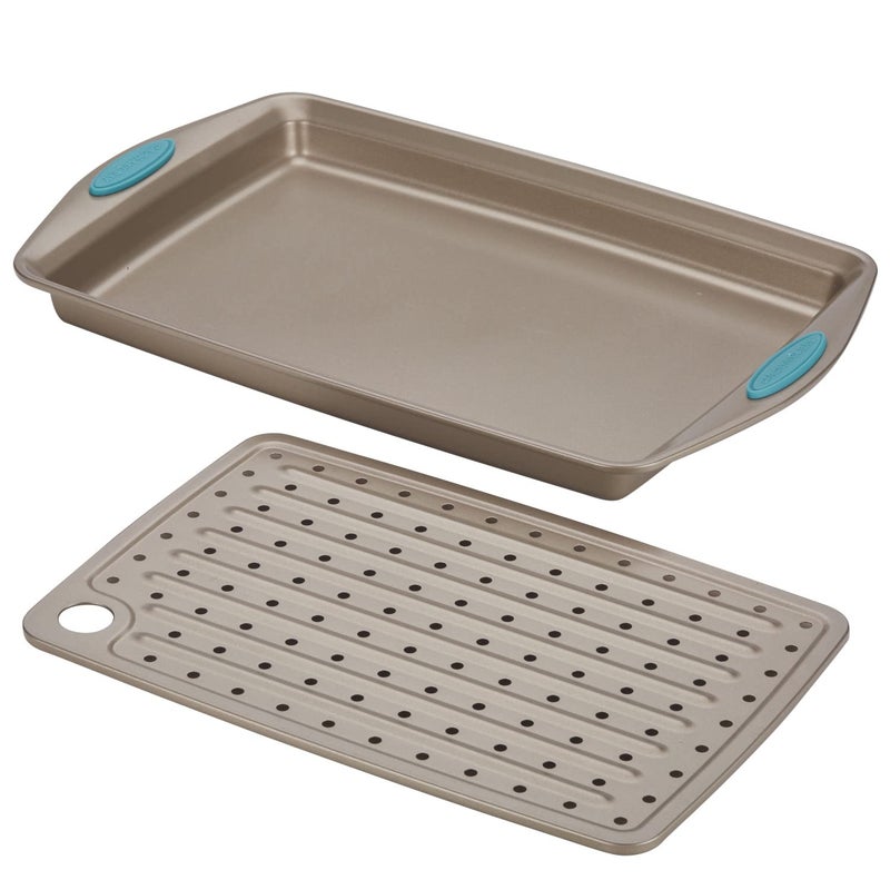 Rachael Ray Cucina Nonstick Bakeware Set with Grips, Nonstick Cookie Sheet / Baking Sheet and Crisper Pan - 2 Piece, Latte Brown with Agave Blue Handle Grips - Image 3